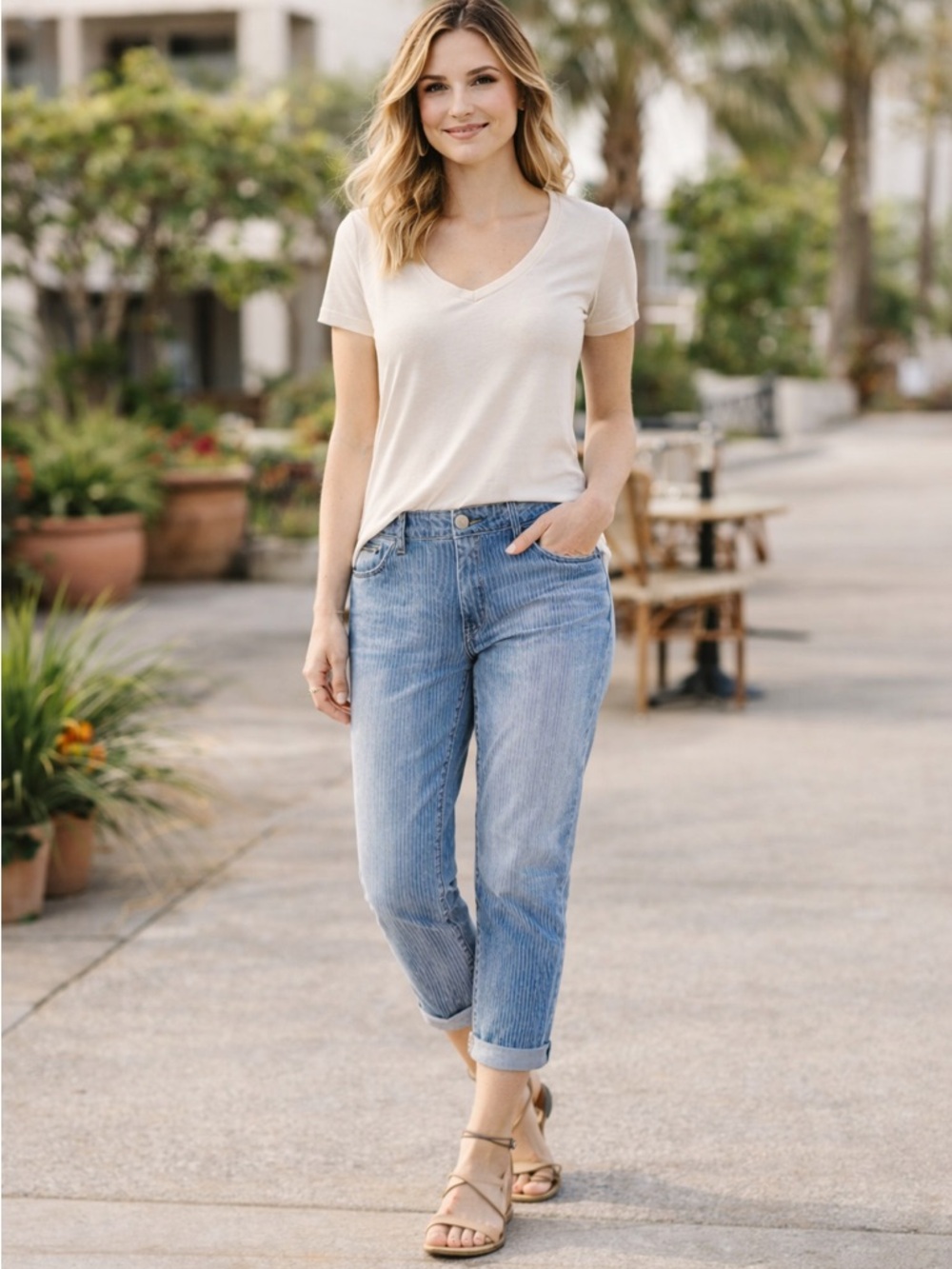 CHICOS Platinum Blue Perlita Railroad Striped Cropped Boyfriend Jeans Cuffed